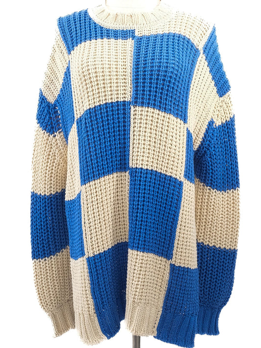Excellent Jil Sander Chunky Knit Sweater Blue Beige Checkered XXL