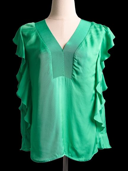 excellent sandro green blouse v-neck ruffled sleeves size l women