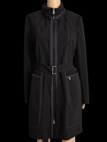 good elie tahari black polyester trench coat with belt women's size