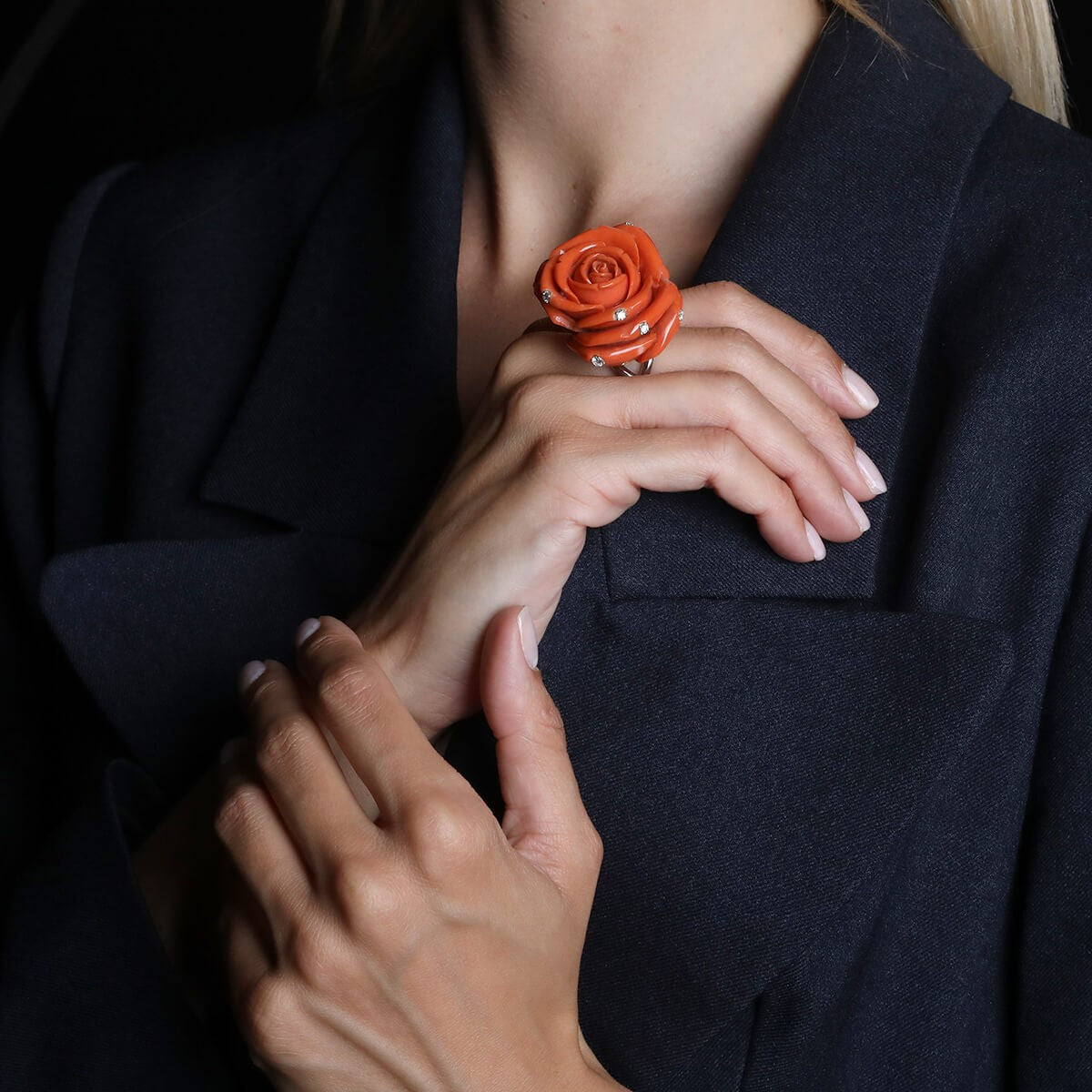 garnazelle rose coral, diamonds and gold ring