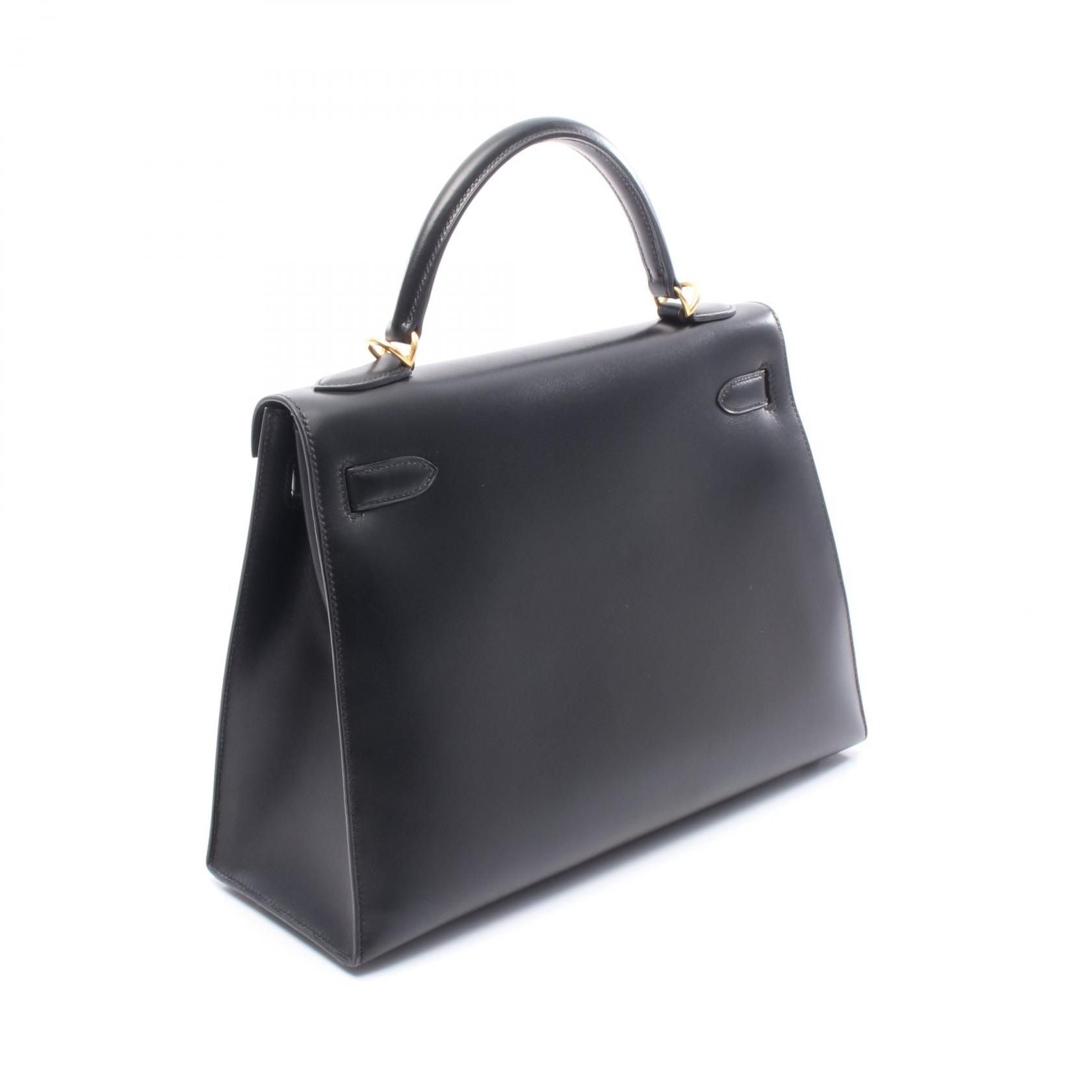 Hermes Kelly 32 Handbag Noir Black Box Calfskin Calfskin (cowhide)