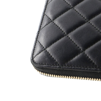 Zip Around Wallet With Pearl Chain Quilted Lambskin Long