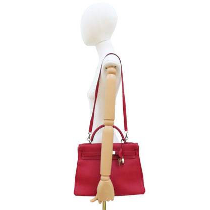 Hermes Kelly 28 Shoulder Handbag Togo Leather Rouge Casaque F Silver Metal