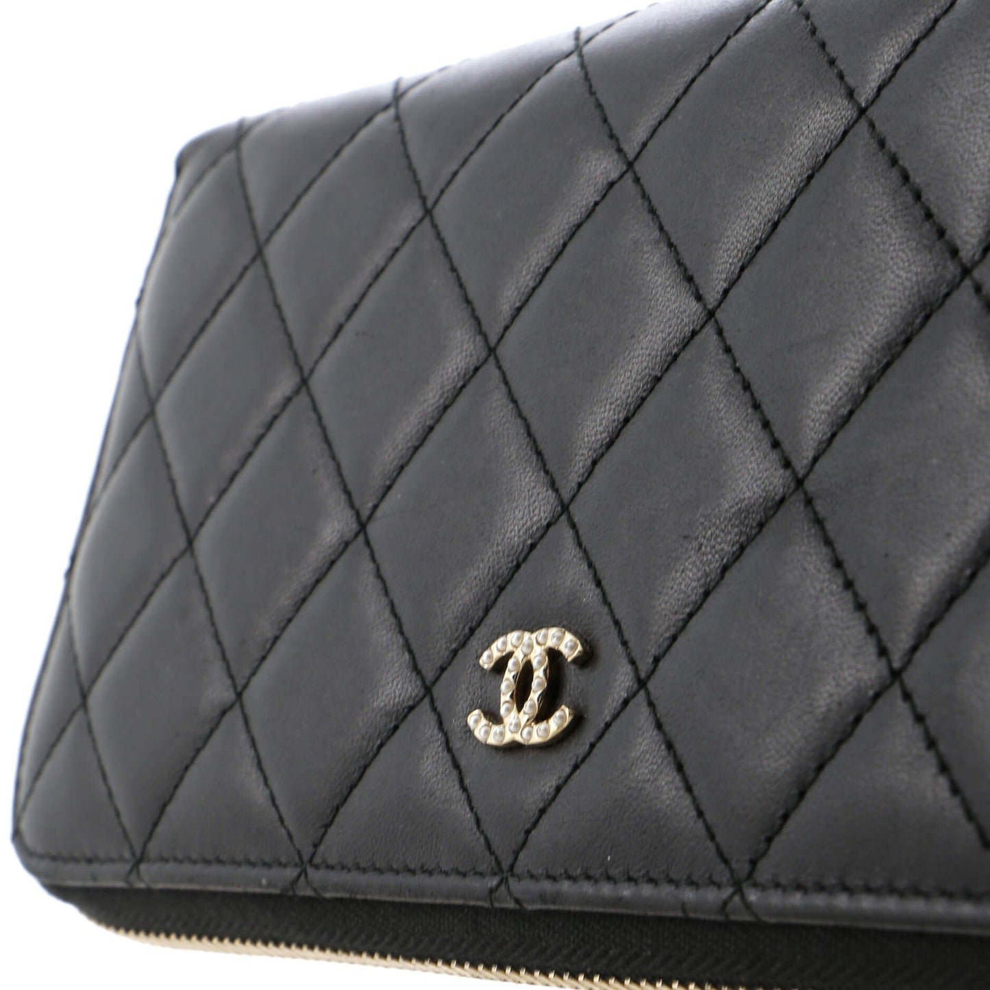 zip around wallet with pearl chain quilted lambskin long