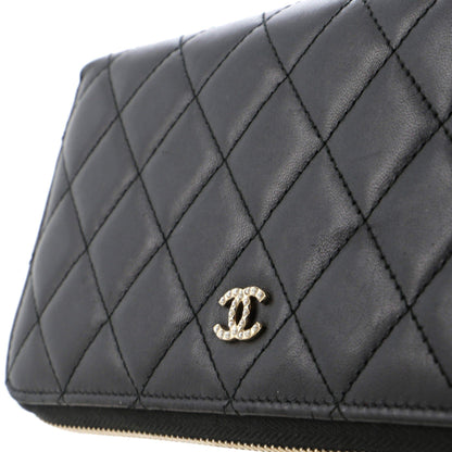 Zip Around Wallet With Pearl Chain Quilted Lambskin Long