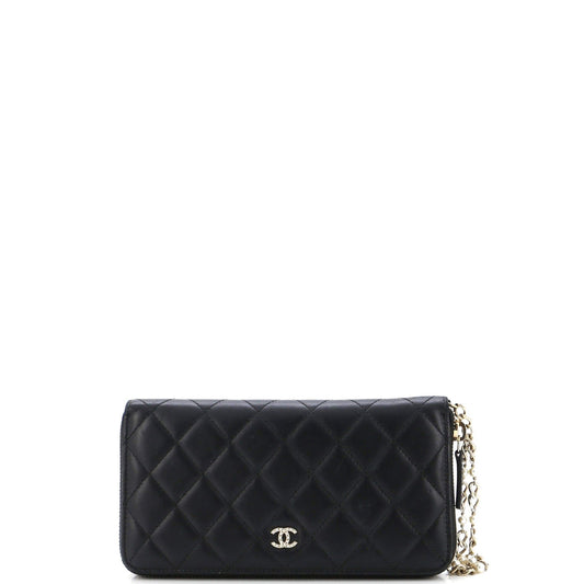 Zip Around Wallet With Pearl Chain Quilted Lambskin Long