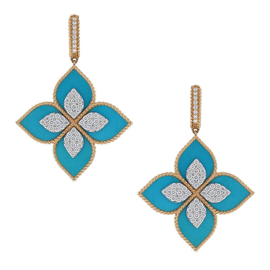Roberto Coin Princess Flower turquoise, diamonds and gold earrings