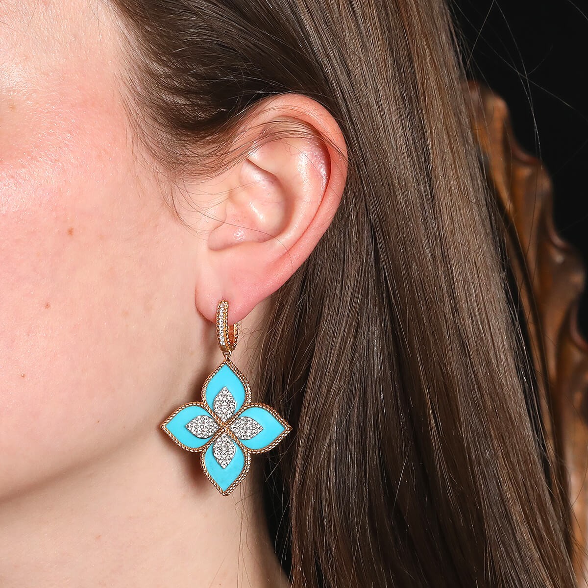 roberto coin princess flower turquoise, diamonds and gold earrings