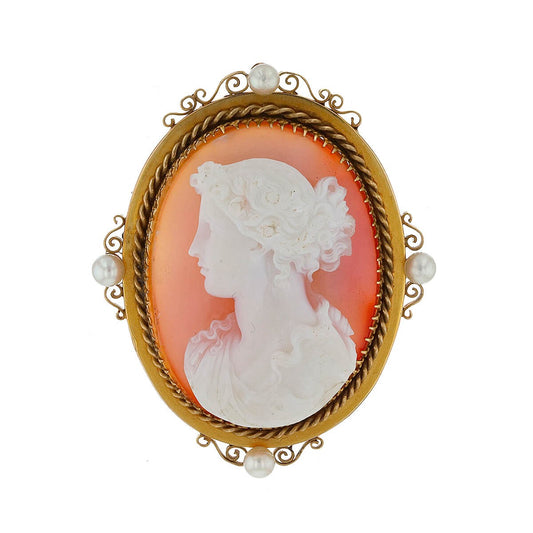 Sheel cameo, gold and cultured pearls brooch