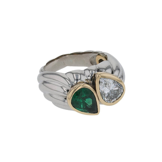 Two tones gold, emerald and diamond ring