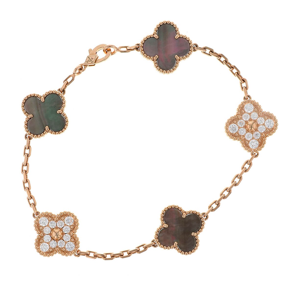 van cleef & arpels alhambra diamonds, mother-of-pearl and gold bracelet
