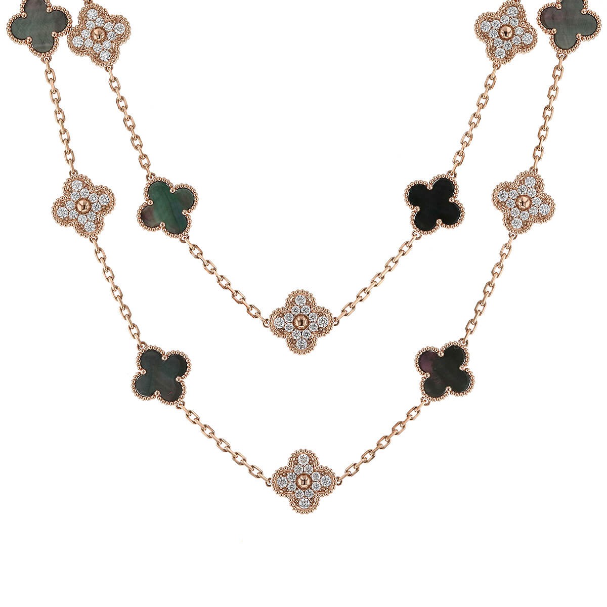 van cleef & arpels alhambra diamonds, mother-of-pearl and gold long necklace