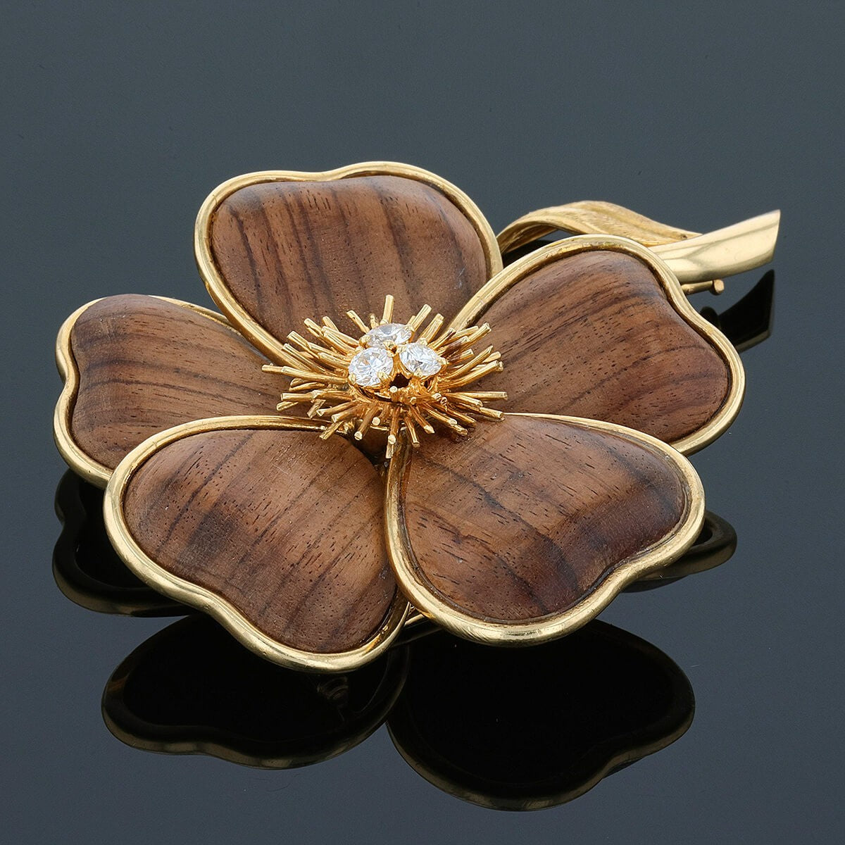 van cleef & arpels  wood, diamonds and gold brooch
