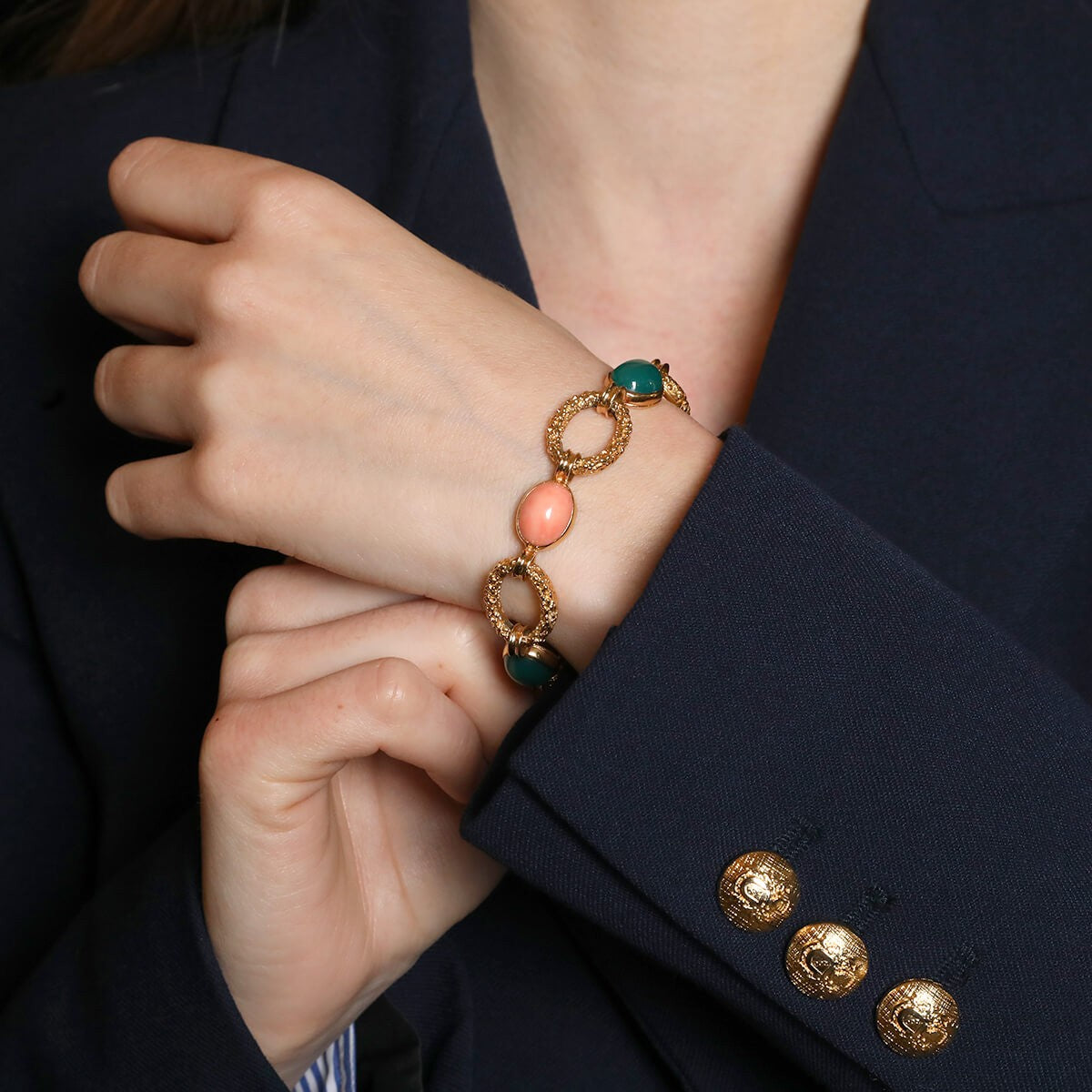 van cleef & arpels delphes chrysoprase, coral and gold bracelet