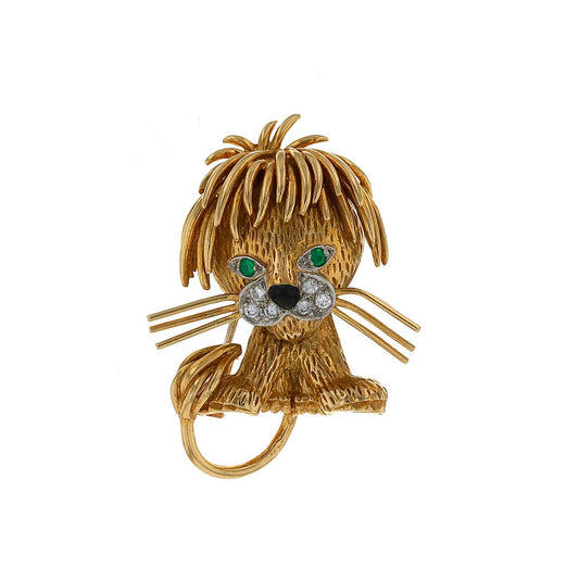 Van Cleef & Arpels Lion EbouriffŽ gold, platinum, diamonds, emeralds and enamel brooch