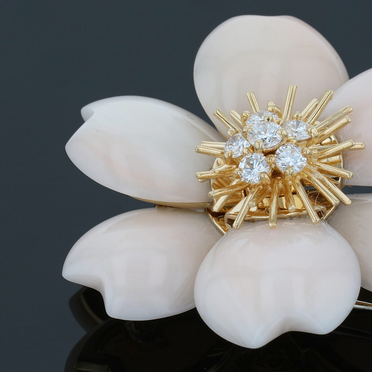 van cleef & arpels rose de no‘l coral, diamonds and gold earrings