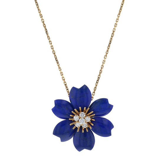 Van Cleef & Arpels Rose de No‘l lapis lazuli, diamonds and gold brooch necklace