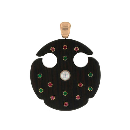 Wood, fine stones and gold pendant