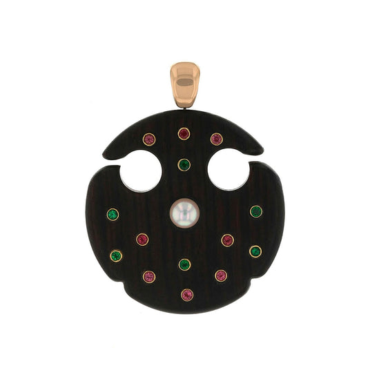 Wood, fine stones and gold pendant