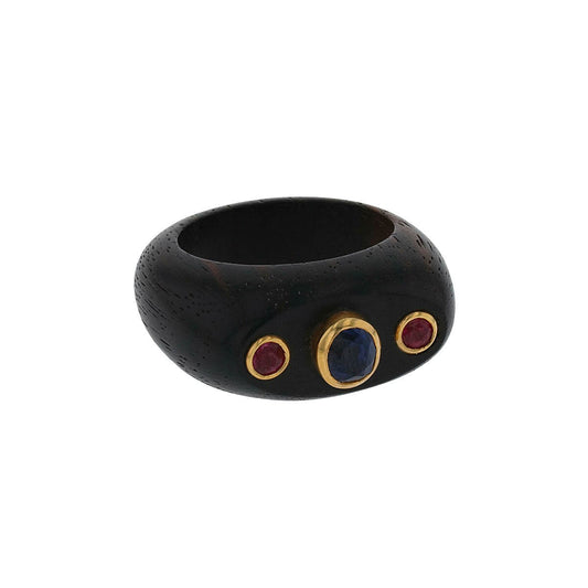 Wood, sapphires, rubies and gold ring